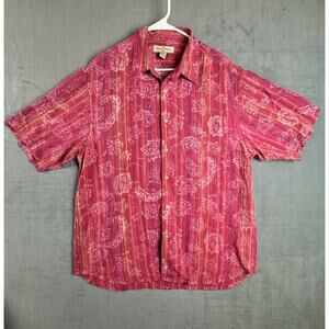 Tommy Bahama Shirt Men's Large Red Floral Button Down Short Sleeve Cotton Island